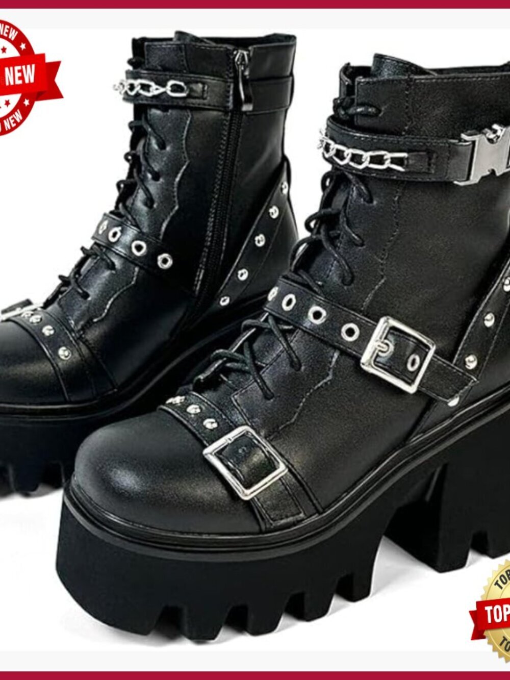 Goth Platform Combat Booties Chunky Heel Lace Up Zip Punk Shoes
